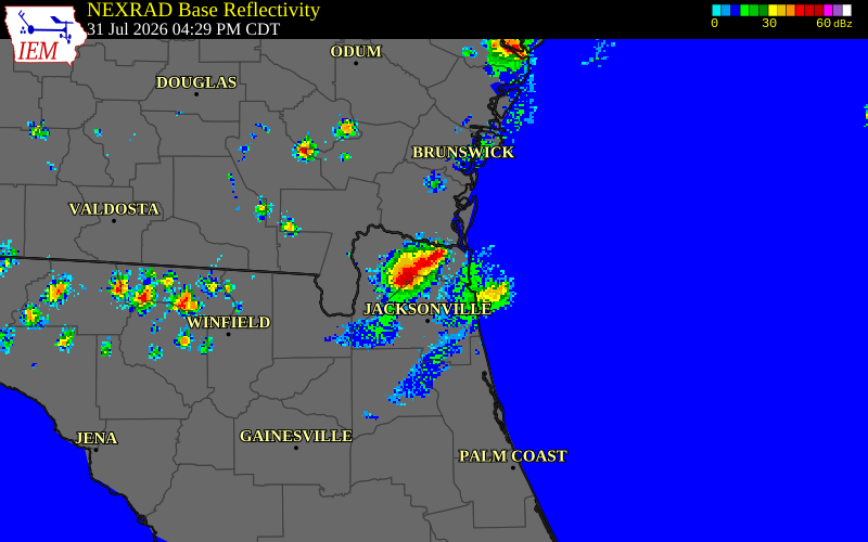 NEXRAD radar during the Friday, July 31, 2026 storm activity in Nassau County, Florida