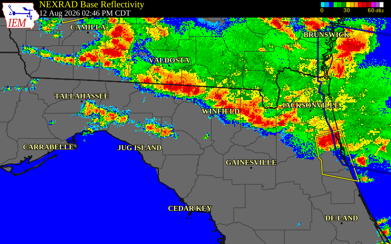 NEXRAD radar during the Wednesday, August 12, 2026 storm activity in Nassau County, Florida