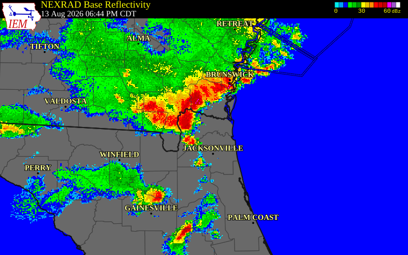 NEXRAD radar during the Thursday, August 13, 2026 storm activity in Nassau County, Florida