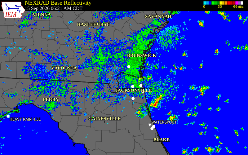 Current NEXRAD radar over Nassau County, Florida with recent storm report locations