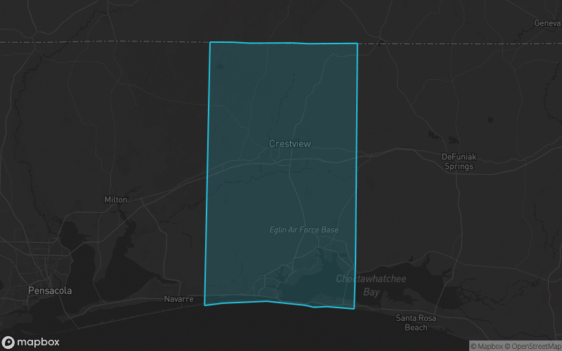 Map of Okaloosa County, Florida showing the county boundary and surrounding cities