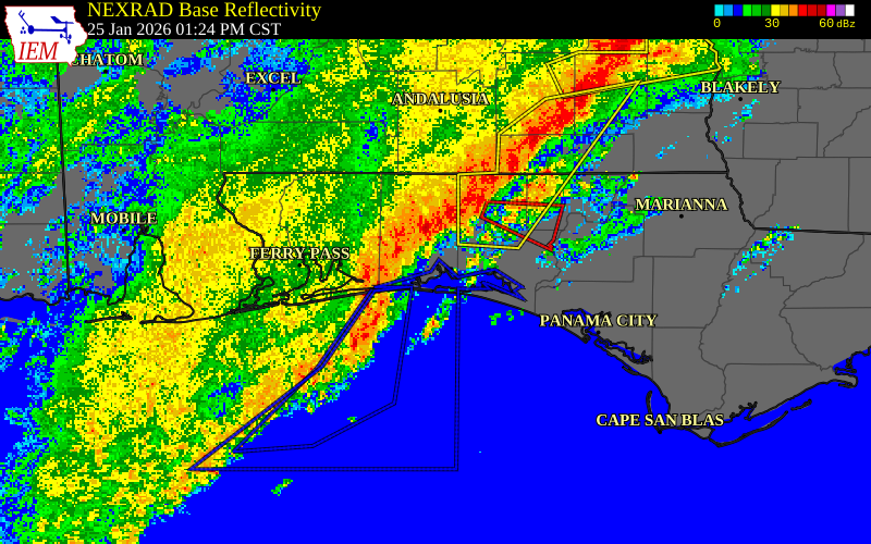 NEXRAD radar during the Sunday, January 25, 2026 storm activity in Okaloosa County, Florida