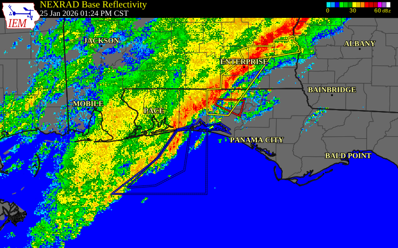 Radar snapshot during the Jan 25, 2026 wind event near 2 SSW Valparaiso, Okaloosa County, Florida, with NWS warning polygons