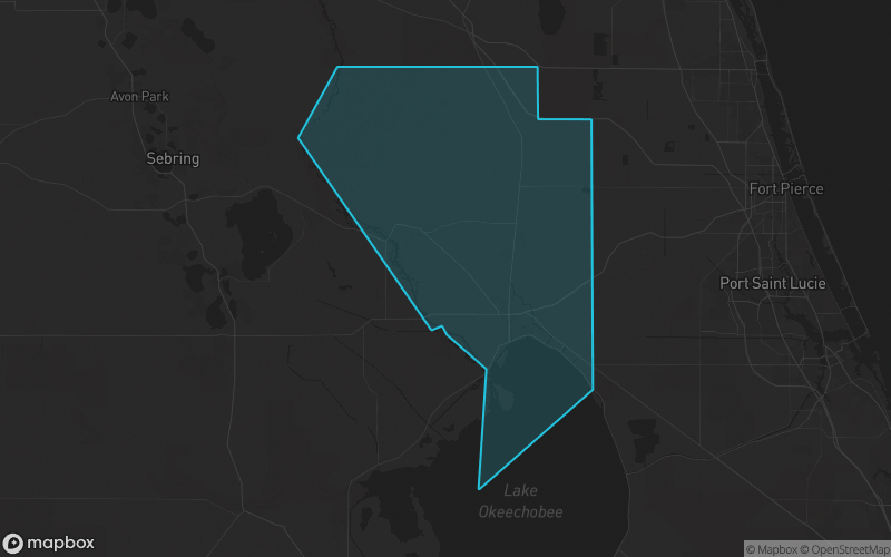 Map of Okeechobee County, Florida showing the county boundary and surrounding cities