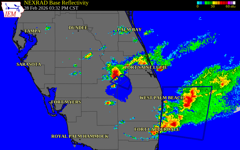 NEXRAD radar during the Saturday, February 28, 2026 storm activity in Okeechobee County, Florida