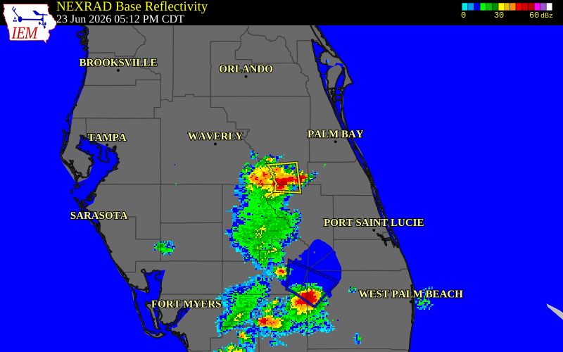 NEXRAD radar during the Tuesday, June 23, 2026 storm activity in Okeechobee County, Florida