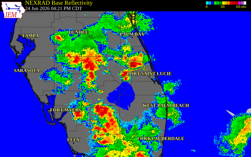 NEXRAD radar during the Wednesday, June 24, 2026 storm activity in Okeechobee County, Florida