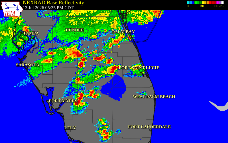 NEXRAD radar during the Monday, July 13, 2026 storm activity in Okeechobee County, Florida
