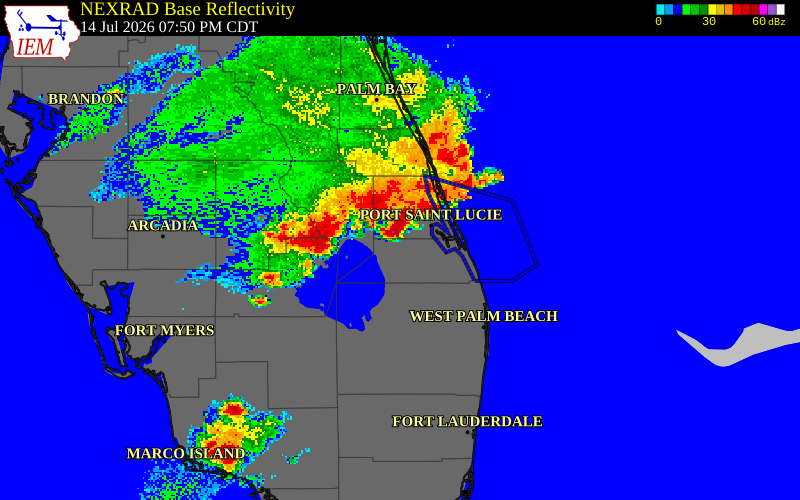 NEXRAD radar during the Tuesday, July 14, 2026 storm activity in Okeechobee County, Florida