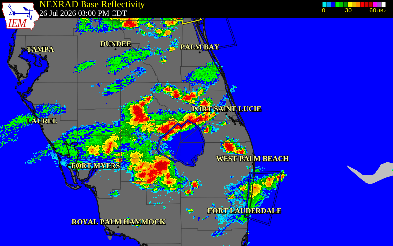NEXRAD radar during the Sunday, July 26, 2026 storm activity in Okeechobee County, Florida