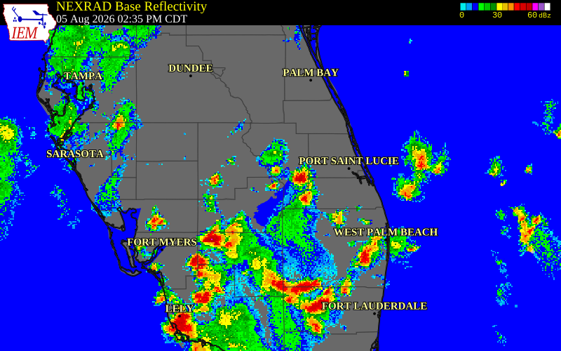 NEXRAD radar during the Wednesday, August 5, 2026 storm activity in Okeechobee County, Florida