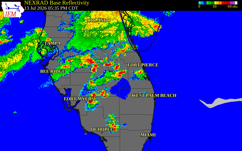 Radar snapshot during the Jul 13, 2026 wind event near 1 SW Whispering Pines, Okeechobee County, Florida, with NWS warning polygons