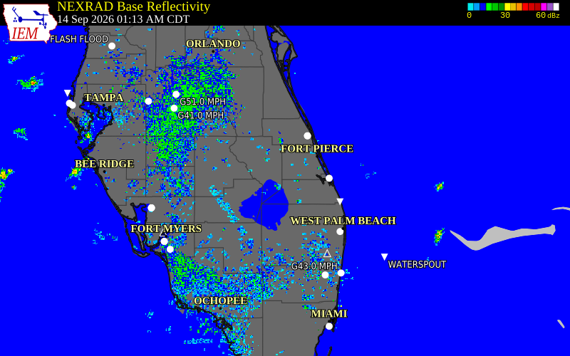 Current NEXRAD radar over Okeechobee County, Florida with recent storm report locations