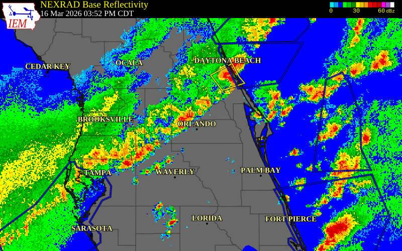 NEXRAD radar during the Monday, March 16, 2026 storm activity in Orange County, Florida