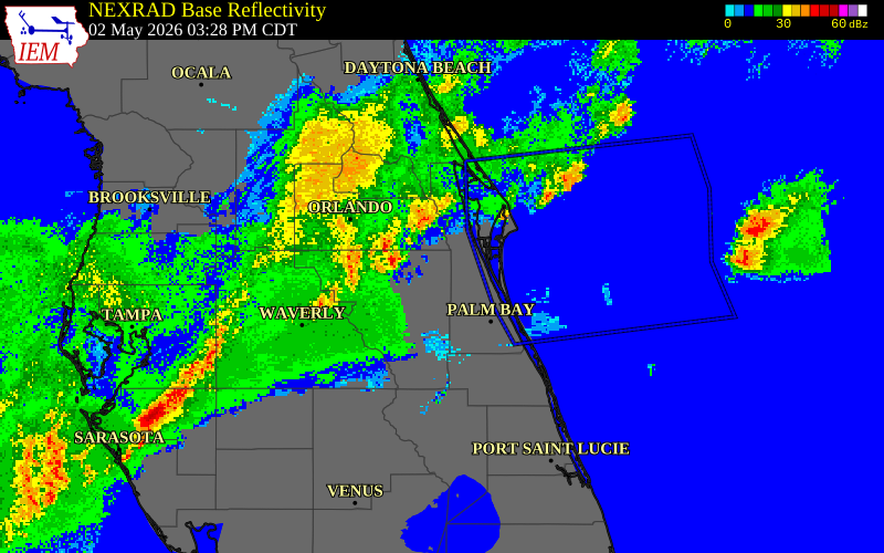 NEXRAD radar during the Saturday, May 2, 2026 storm activity in Orange County, Florida