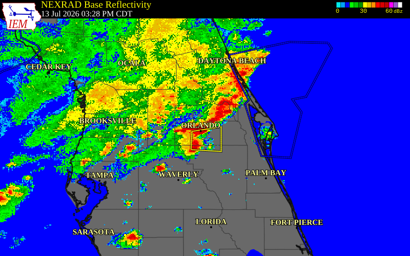 NEXRAD radar during the Monday, July 13, 2026 storm activity in Orange County, Florida