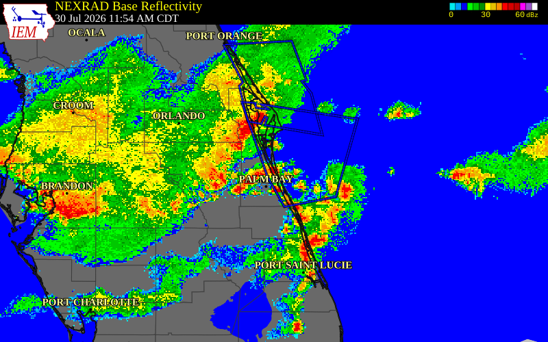 NEXRAD radar during the Thursday, July 30, 2026 storm activity in Orange County, Florida