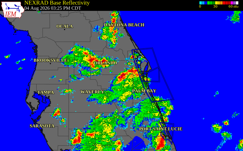NEXRAD radar during the Tuesday, August 4, 2026 storm activity in Orange County, Florida