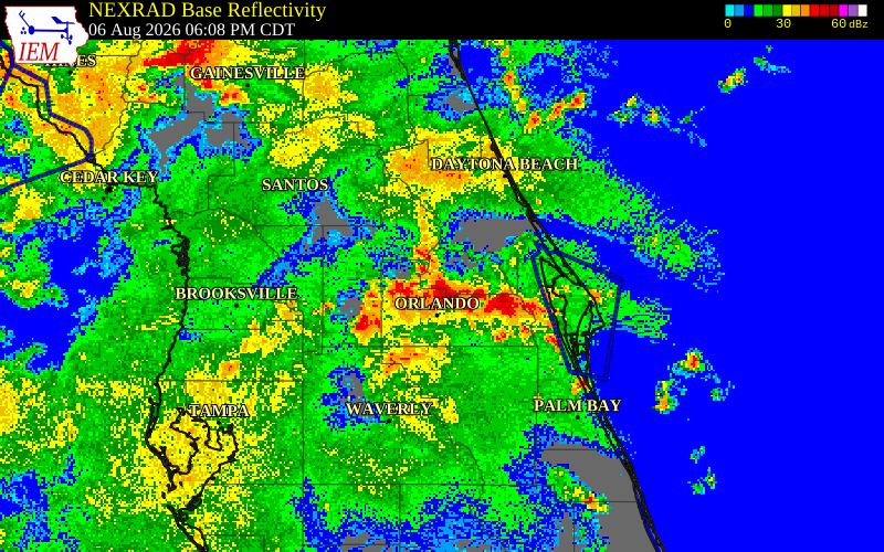 NEXRAD radar during the Thursday, August 6, 2026 storm activity in Orange County, Florida
