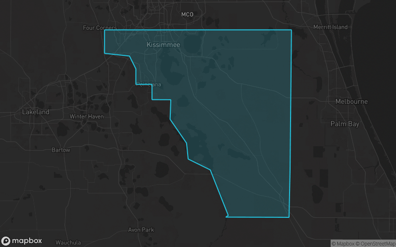 Map of Osceola County, Florida showing the county boundary and surrounding cities