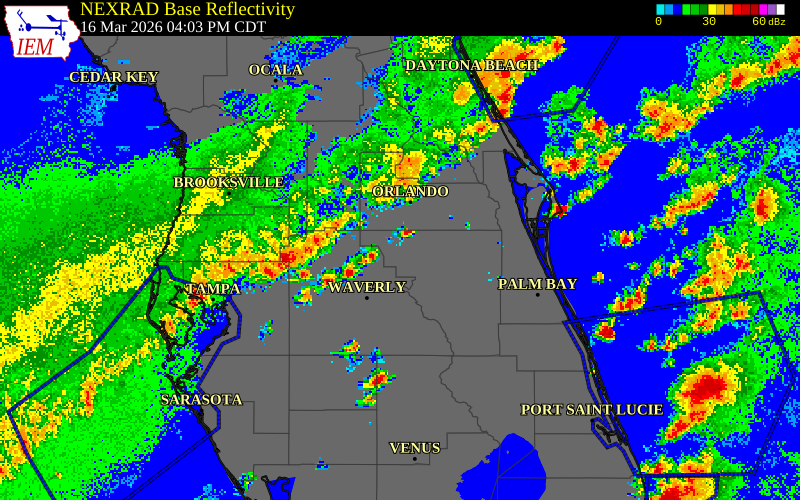 NEXRAD radar during the Monday, March 16, 2026 storm activity in Osceola County, Florida