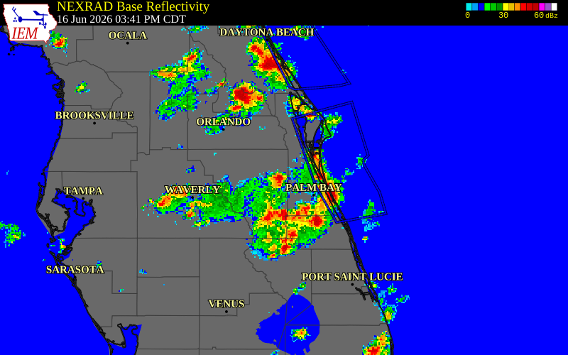 NEXRAD radar during the Tuesday, June 16, 2026 storm activity in Osceola County, Florida