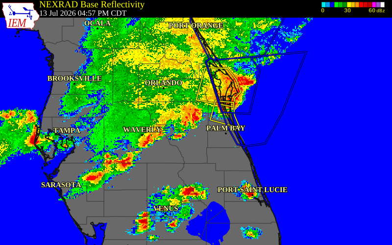 NEXRAD radar during the Monday, July 13, 2026 storm activity in Osceola County, Florida