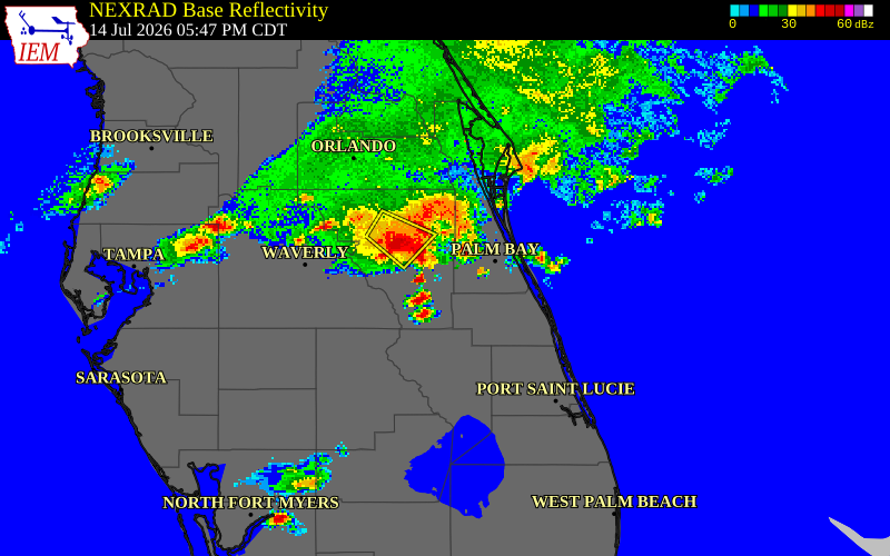 NEXRAD radar during the Tuesday, July 14, 2026 storm activity in Osceola County, Florida