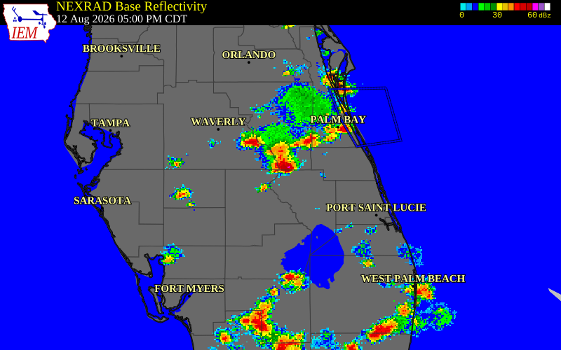 NEXRAD radar during the Wednesday, August 12, 2026 storm activity in Osceola County, Florida