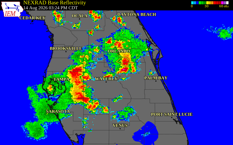 NEXRAD radar during the Friday, August 14, 2026 storm activity in Osceola County, Florida