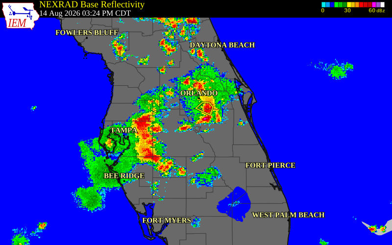 Radar snapshot during the Aug 14, 2026 wind event near Osceola County, Osceola County, Florida, with NWS warning polygons