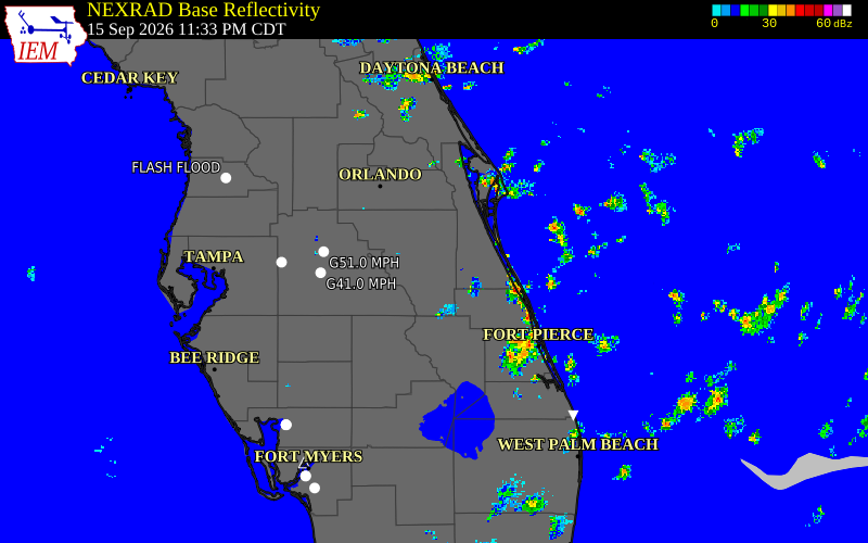 Current NEXRAD radar over Osceola County, Florida with recent storm report locations