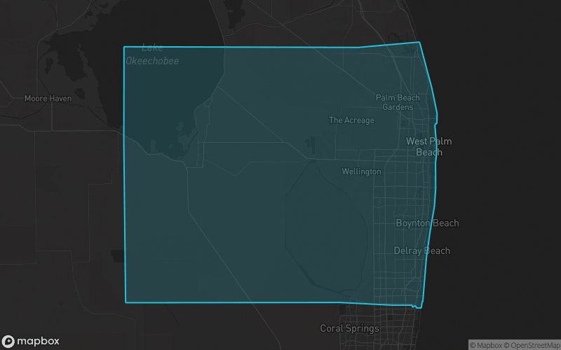 Map of Palm Beach County, Florida showing the county boundary and surrounding cities