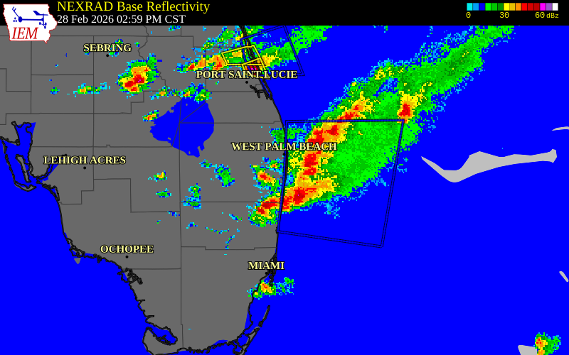 NEXRAD radar during the Saturday, February 28, 2026 storm activity in Palm Beach County, Florida