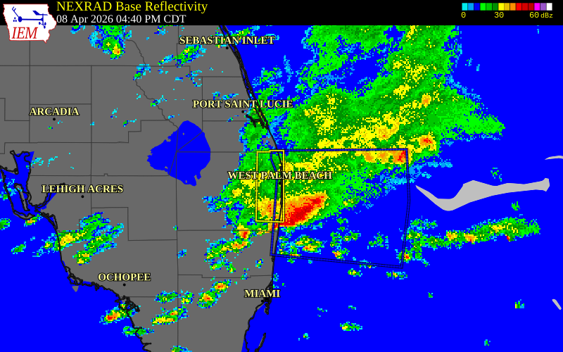 NEXRAD radar during the Wednesday, April 8, 2026 storm activity in Palm Beach County, Florida