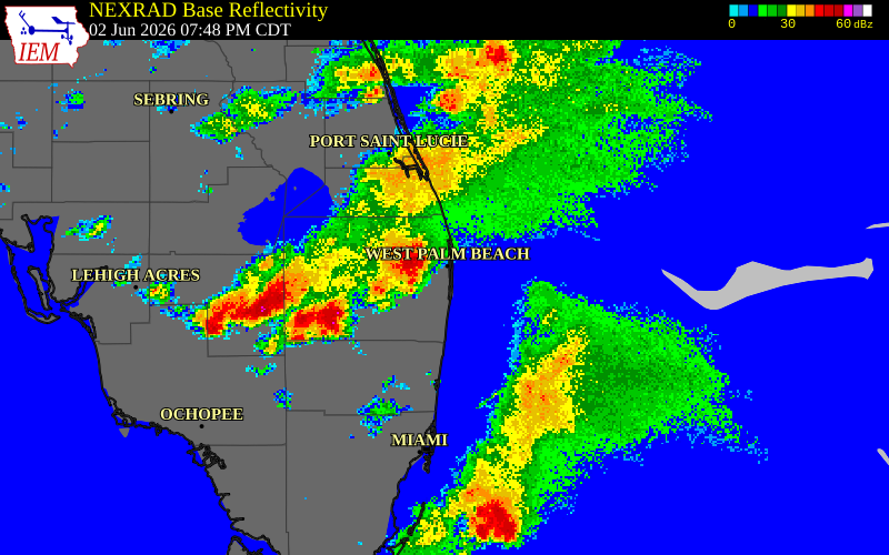 NEXRAD radar during the Tuesday, June 2, 2026 storm activity in Palm Beach County, Florida