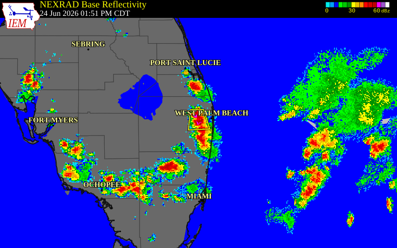 NEXRAD radar during the Wednesday, June 24, 2026 storm activity in Palm Beach County, Florida