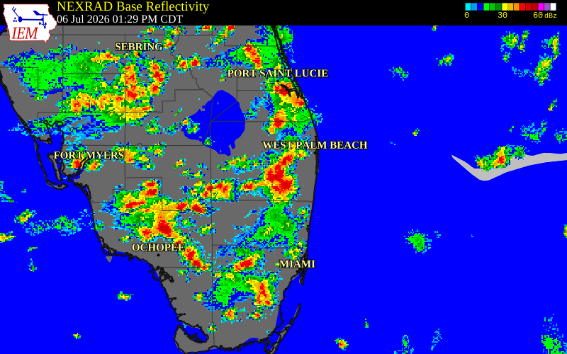 NEXRAD radar during the Monday, July 6, 2026 storm activity in Palm Beach County, Florida