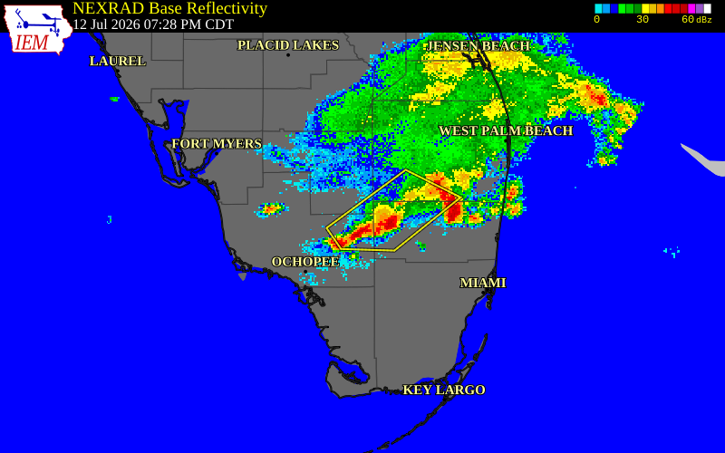 NEXRAD radar during the Sunday, July 12, 2026 storm activity in Palm Beach County, Florida