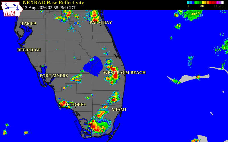 Radar snapshot during the Aug 13, 2026 wind event near Palm Beach County, Palm Beach County, Florida, with NWS warning polygons