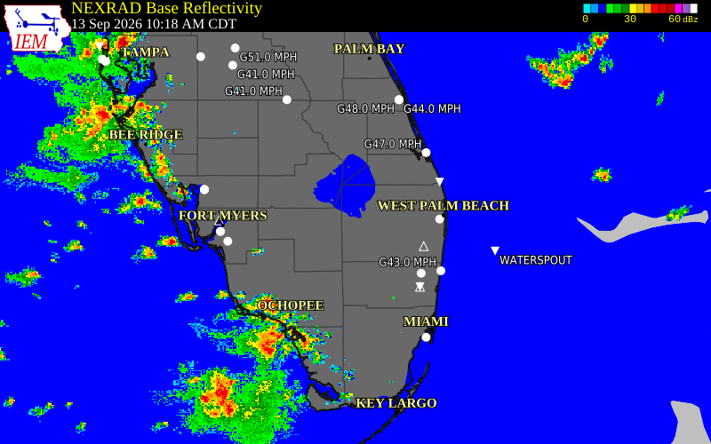 Current NEXRAD radar over Palm Beach County, Florida with recent storm report locations