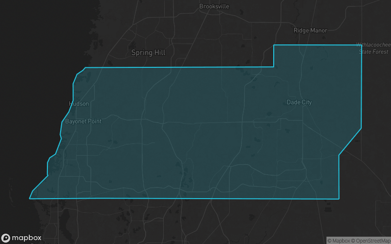 Map of Pasco County, Florida showing the county boundary and surrounding cities