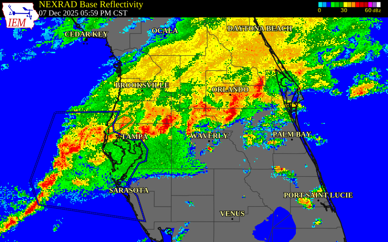 NEXRAD radar during the Sunday, December 7, 2025 storm activity in Pasco County, Florida