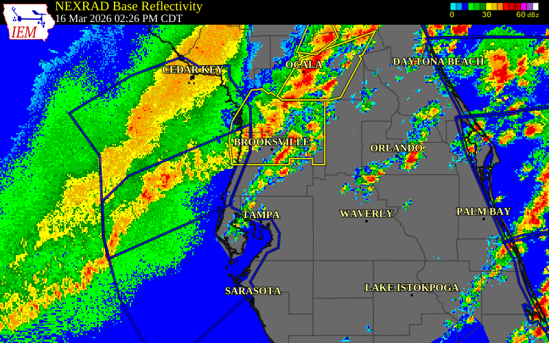 NEXRAD radar during the Monday, March 16, 2026 storm activity in Pasco County, Florida