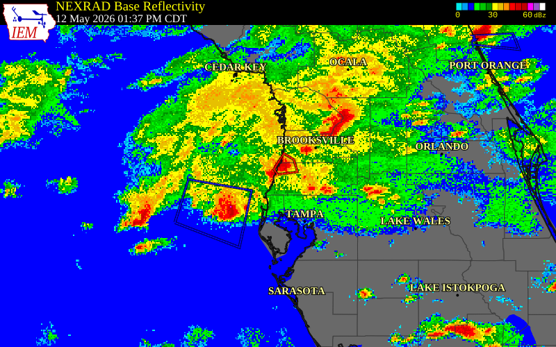 NEXRAD radar during the Tuesday, May 12, 2026 storm activity in Pasco County, Florida