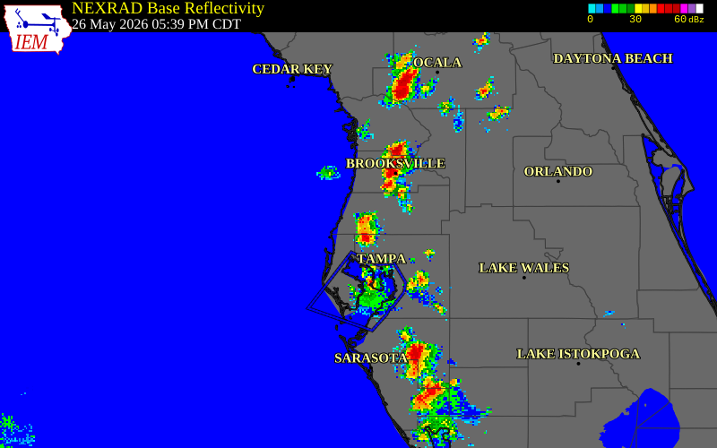 NEXRAD radar during the Tuesday, May 26, 2026 storm activity in Pasco County, Florida