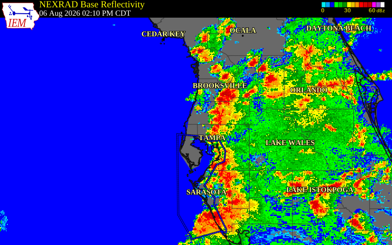 NEXRAD radar during the Thursday, August 6, 2026 storm activity in Pasco County, Florida