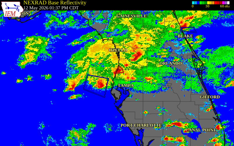 Radar snapshot during the May 12, 2026 tornado event near 1 SSW Hudson, Pasco County, Florida, with NWS warning polygons