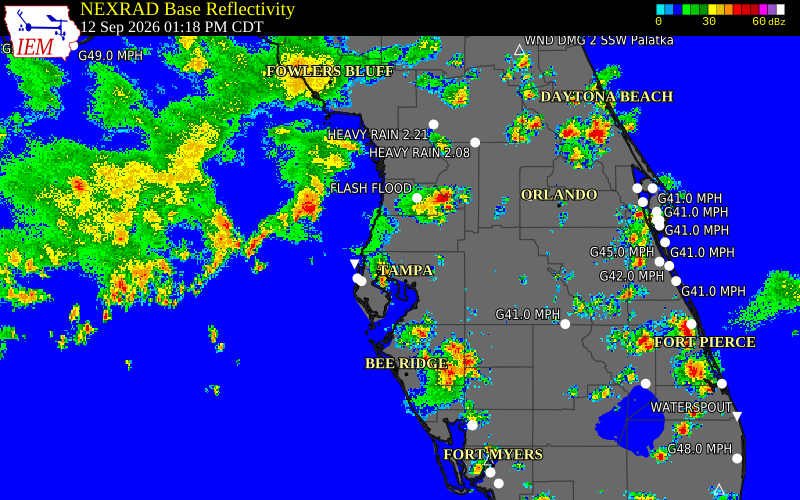 Current NEXRAD radar over Pasco County, Florida with recent storm report locations