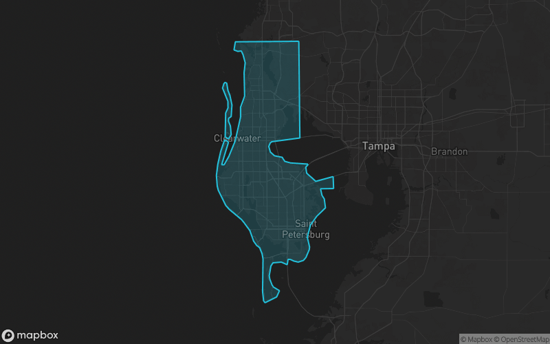 Map of Pinellas County, Florida showing the county boundary and surrounding cities